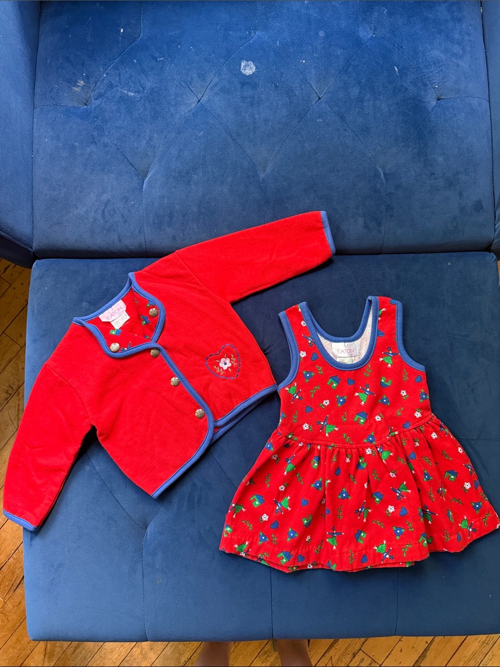 Vintage Red Toddler Dress & Jacket Set with Blue Trim